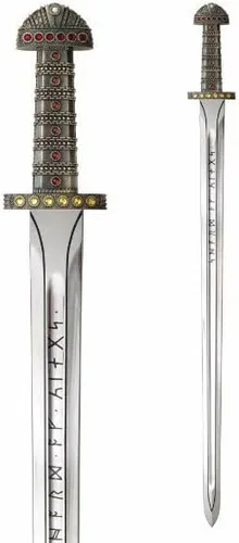 Vista 9 de Espada vikinga hecha a mano Espada real de Ragnar Lothbrok acero al carbono, espiga completa, funda de cuero de guardia de latón Espada