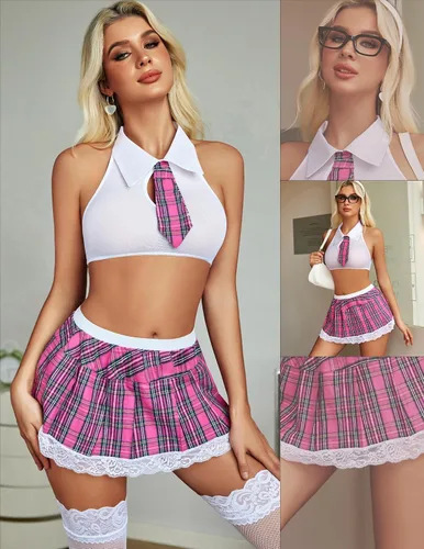 Vista 7 de Avidlove - Conjunto de lencería sexy para mujer, disfraz de colegiala con top, corbata y minifalda