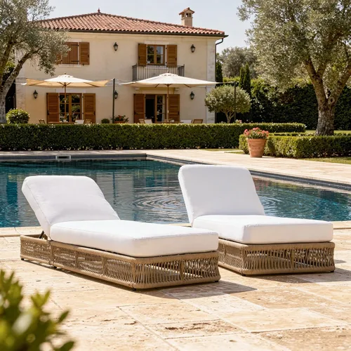 Vista 3 de Outdoor Chaise Lounge Chairs Set of 2, Brown Woven Rope Pool Lounge Chairs marrón/beige