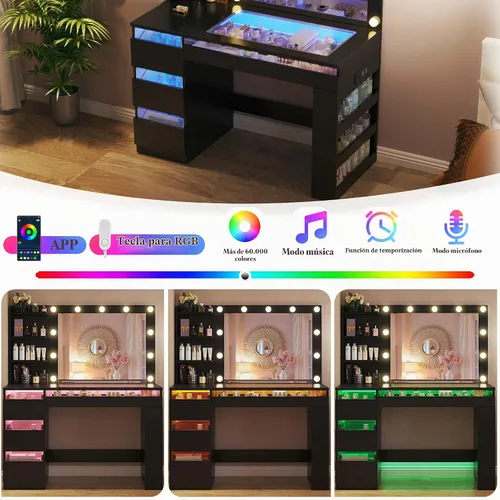 Vista 7 de HUAHUU Escritorio de tocador con espejo iluminado y parte superior transparente, escritorio de tocador de maquillaje con 4 cajones transparentes e