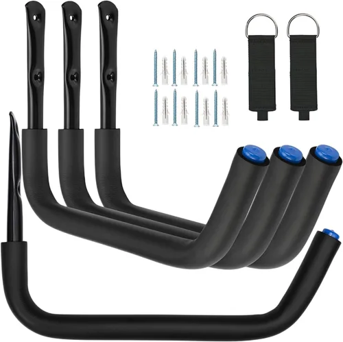 Vista 12 de 4 ganchos de garaje montados en el techo, estante de almacenamiento de garaje superior, perchas de escalera para herramientas de bicicleta de madera