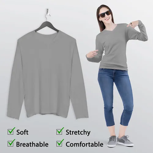 Vista 2 de BaHoki Essentials Camisetas de manga larga con cuello en V, gran pieza elástica y de capas, diseñada para el máximo rendimiento Gris