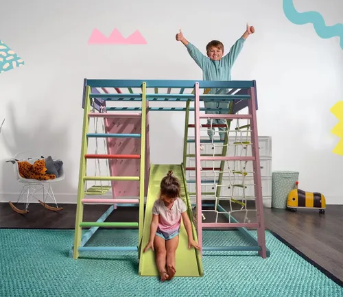 Vista 7 de Avenlur Magnolia Zona de juegos para interiores 7 en 1, gimnasio de la selva para niños de 2 a 6 años - Tobogán, pared de escalada, escalador