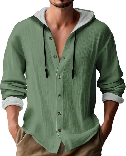 Vista 4 de Sudadera con capucha de manga larga para hombre, color liso, con botones, casual, ajuste holgado, para primavera, otoño, playa, con capucha