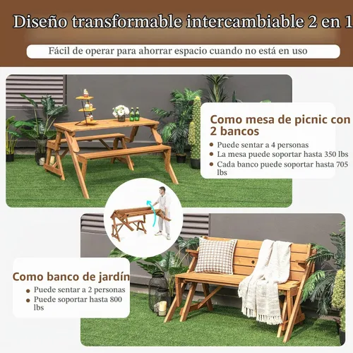 Vista 2 de GYMAX Mesa de picnic, juego de mesa de picnic convertible 2 en 1, mesa de picnic de madera intercambiable transformable con agujero para paraguas