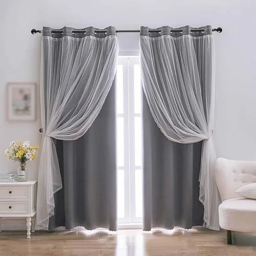 Vista 18 de indistar Cortinas Oscuras para el Hogar de Doble Capa con Capa Sólida y Transparente, Par de Paneles de Cortina con Ojales en la Parte Superior, 52