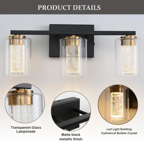 Vista 2 de EMONG Lámpara de baño de 3 luces negras y doradas, luces LED regulables de 5 CCT con vidrio transparente, 2700 K-6500 K, luz de tocador de baño