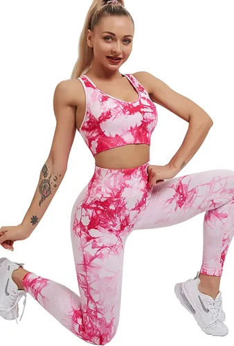 Vista 5 de YuMENo Conjuntos de entrenamiento de teñido anudado para mujer, 2 piezas, sin costuras, cintura alta, leggings de yoga con brasier deportivo, ropa