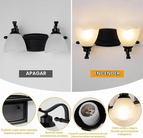Vista 2 de Lámparas de baño (2 luces, 38 cm), luces de tocador mate negras para baño con pantalla de vidrio esmerilado blanco, luces de pared modernas