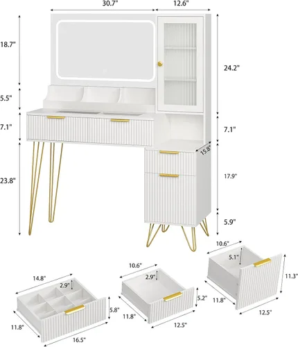 Vista 6 de Escritorio de tocador de 43 pulgadas con espejo y luces, mesa de tocador de maquillaje con 4 cajones, tocador blanco para dormitorio, escritorio