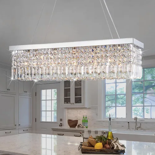 Vista 7 de Candelabro moderno de vidrio de gotas para iluminación de techo de Ella Fashion®, hermosa lámpara de techo con brazos, Rectangle Chandeliers 11