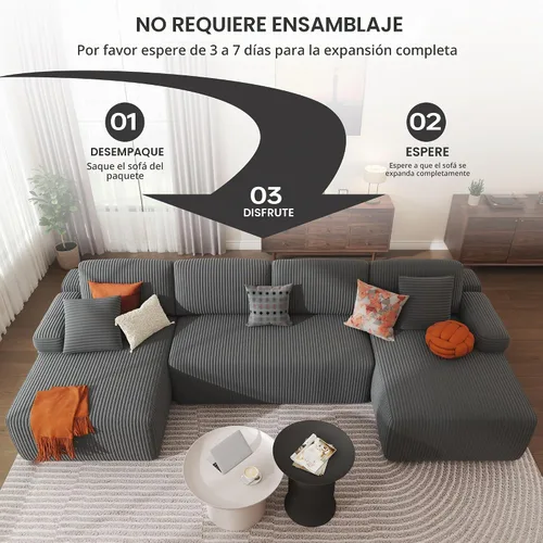 Vista 4 de Sofá Seccional Modular en Forma de U de 126.2'', Sofá Convertible de 4 Asientos, Sofás Sin Huesos para Sala de Estar (Gris) Sofá moderno de pana