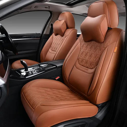 Vista 19 de Fundas de asiento delantero de automóvil, par de fundas de asiento delantero de cuero transpirable con reposacabezas, funda universal de asiento
