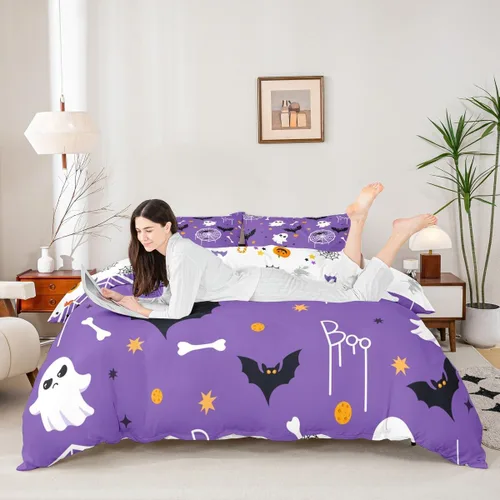 Vista 5 de Juego de ropa de cama de Halloween, funda de edredón gótica de murciélagos negros con telarañas, funda de edredón individual, diseño de arañas