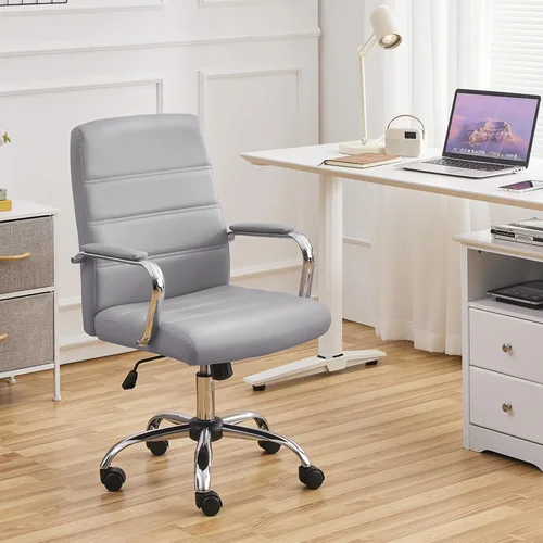 Vista 4 de Yaheetech Silla de oficina Exectuive de 2 piezas, altura ajustable, giratoria, de piel sintética, silla de escritorio para el hogar con brazos, claro