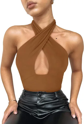 Vista 3 de REORIA Butsmooth - Camiseta ajustada sexy de moda para mujer, con cuello halter cruzado, sin mangas, para discoteca