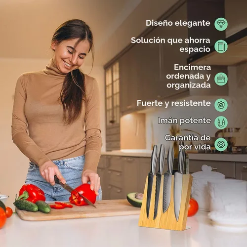 Vista 2 de Coninx Soporte magnético para cuchillo con potente imán, soporte de guarda de madera de bambú, bloque organizador sin cuchillos Bambú natural