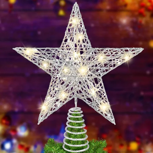 Vista 8 de DULEFUN Estrella LED de 11.8 Pulgadas para la Punta del Árbol - Adorno de Metal Dorado con 20 Luces para Decoración de Árbol de Navidad y Decoración