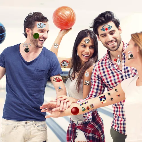 Vista 3 de Oringaga 600 tatuajes temporales para fiesta de bolos, suministros de fiesta deportiva de bolos, bolsas de regalo, regalos de premio motivacional