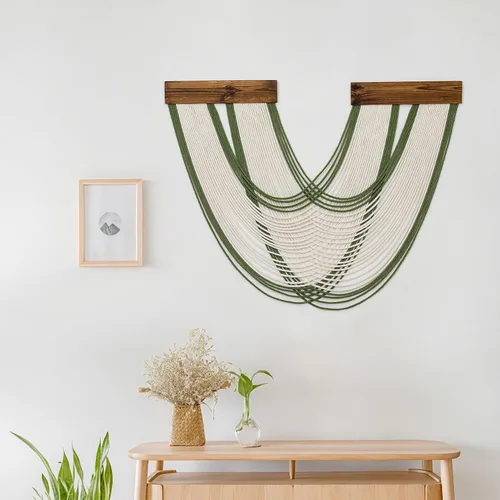 Vista 3 de Tapiz bohemio de macramé para colgar en la pared, tejido teñido anudado de fibra verde y blanca, hecho a mano, para colgar en la pared, grande