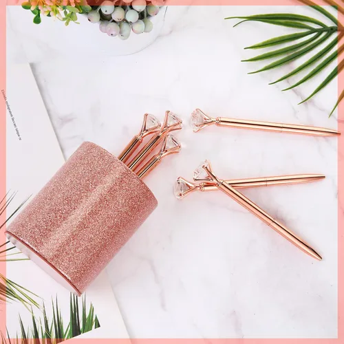 Vista 7 de BBTO Portalápices con 6 bolígrafos de diamantes brillantes, tazas para lápices para escritorio, organizador de escritorio con purpurina, soporte