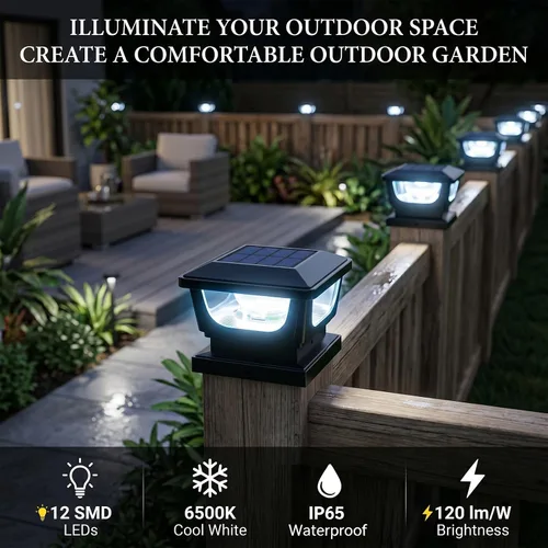Vista 2 de FVTLED Paquete de 2 luces solares para tapa de poste, impermeables IP65 para exteriores, encendido/apagado automático, 120 lúmenes, 6500 K, blanco