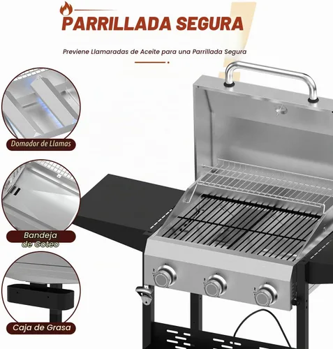Vista 4 de 3-Burner Propane Gas Grill, 36000 BTU for BBQ,Portable with Wheels&Hood Even& powerful heat distribution with independent control,folding side