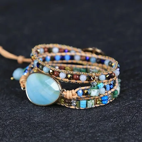 Vista 6 de ZOSOJONA Pulsera envolvente para mujer, estilo bohemio, con cuentas de cristal de jaspe natural, Cuero, Ágata