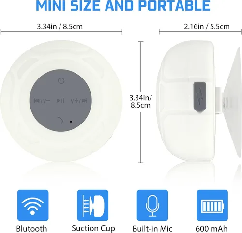 Vista 4 de Altavoz de ducha Bluetooth impermeable portátil inalámbrico resistente al agua altavoz ventosa, micrófono integrado regalos para niños, altavoz