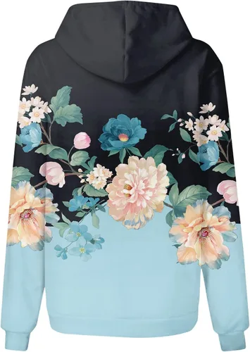 Vista 2 de Sudadera con capucha para mujer, con estampado floral, manga larga, con cordón, con bolsillo