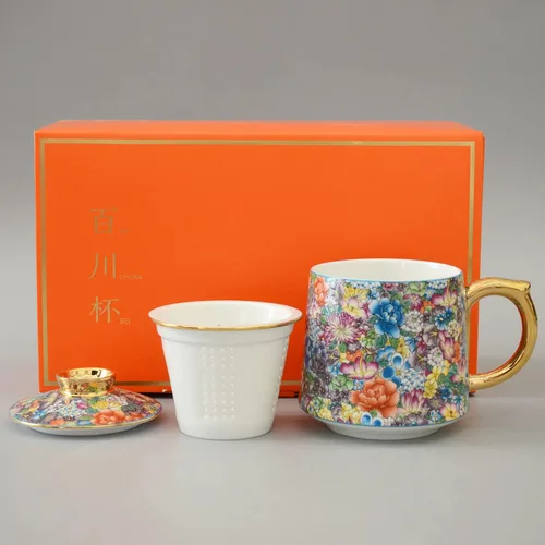 Vista 5 de Taza de té de porcelana con infusor – Taza de té de cerámica china Jingdezhen Sistema de preparación de té de hojas sueltas para oficina en casa