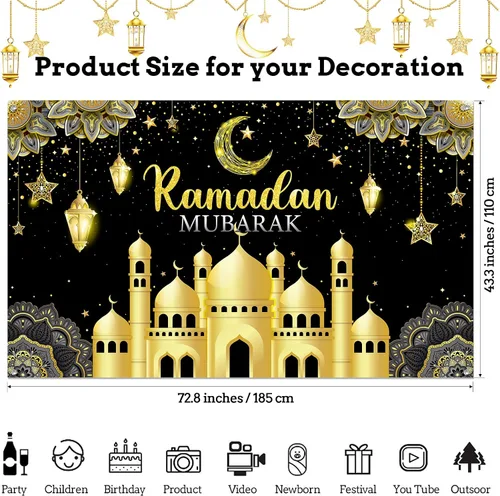 Vista 2 de Boyiee Decoración de Ramadán Mubarak, telón de fondo musulmán Ramadán Kareem, letrero de Eid Mubarak, fondo de cabina de fotos para el hogar, Negro