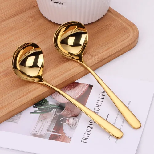Vista 7 de Cucharón dorado de 9.5 pulgadas SUS304 de acero inoxidable para sopa de 2 onzas, cucharón de cocina para salsa de salsa para servir (juego de 2)