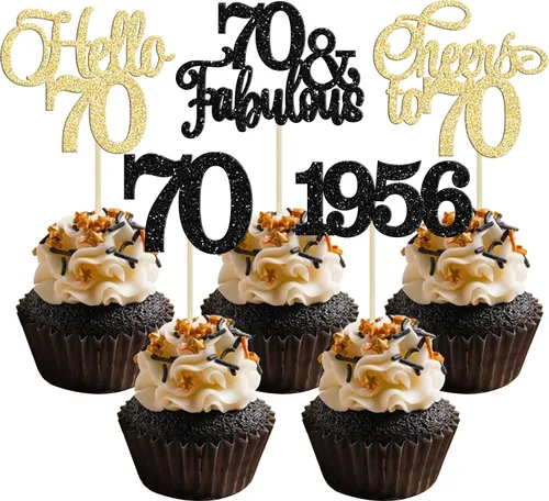 Vista 28 de Gyufise Paquete de 24 adornos negros para cupcakes de 10.º cumpleaños con purpurina negra 10 Ten Hello 10 Dights dobles desde 2015 para decoraciones