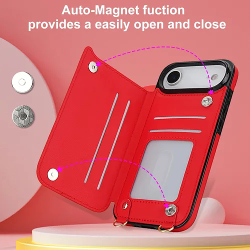 Vista 4 de Crossbody Phone Case iPhone 17 Air Leather Card Holders Wallet Protective Case Removable Adjustable Leather Strap with Button Compatible with iPhone