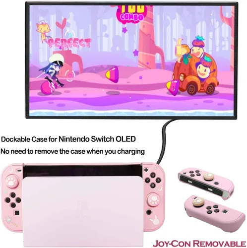Vista 3 de YOOWA Funda de transporte rosa para Nintendo Switch modelo OLED 2021 Bonita funda de transporte NS OLED 4 en 1 con funda acoplable funda