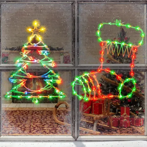 Vista 2 de 2 piezas de 100 luces iluminadas decoración de silueta de ventana de Navidad, árbol de Navidad iluminado y calcetín de Navidad para ventana