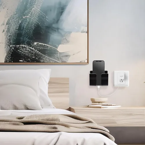 Vista 3 de 2 soportes de pared para teléfono con almohadillas adhesivas, soporte para teléfono con orificio de recepción de cable de datos, caja de Negro