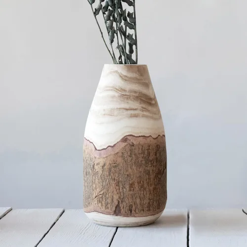 Vista 3 de Creative Co-Op Jarrón de madera de paulownia tallada de 13 pulgadas de alto con borde vivo (cada uno variará)
