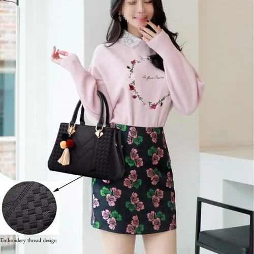Vista 6 de Bolso de mano de cuero para mujer, bolso de hombro con asa superior, con pompón y borla