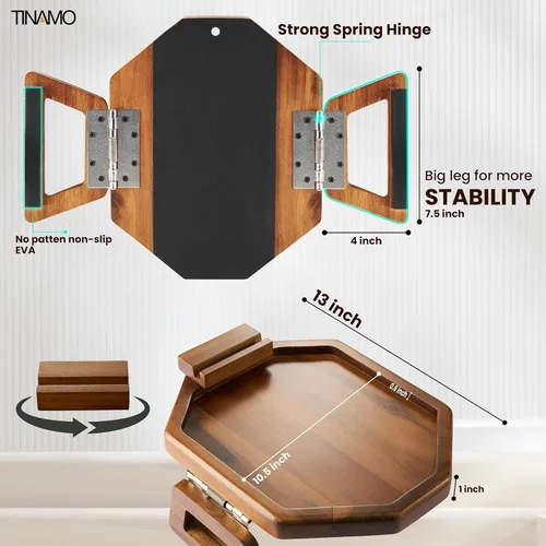Vista 3 de Tinamo Bandeja para apoyabrazos de sofá octogonal de acacia, mesa de reposabrazos de sofá con brazos plegables - Organizador para sillón, bandeja