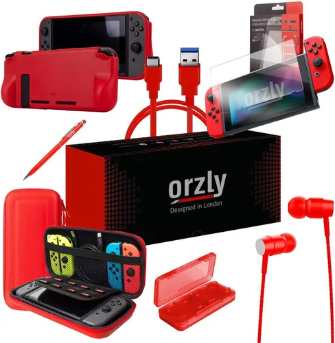 Vista 9 de Orzly Switch Accessories Bundle Carry Case for Nintendo Switch Console (NOT OLED MODEL) Tempered Glass Screen Protectors, USB Charging Cable