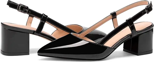 Vista 5 de Zapatos de tacón bajo de charol grueso de 1.5 pulgadas con correa al tobillo y puntera puntiaguda, zapatos de vestir para negocios