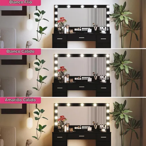 Vista 5 de MIRROTOWEL Escritorio de tocador de 47.5 pulgadas con espejo grande, 3 modos de iluminación de color, brillo ajustable, cómoda con 3 cajones y 2