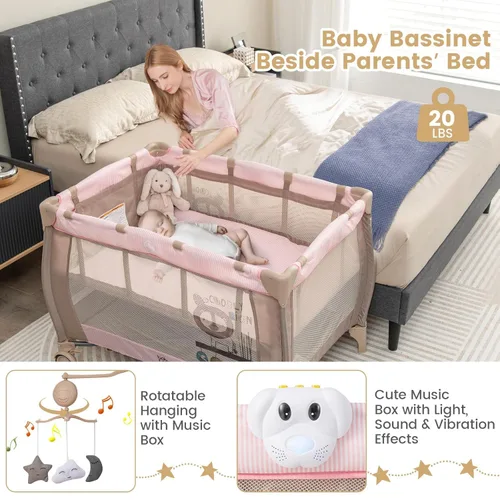 Vista 6 de Costzon 3 en 1 Rosa Pack and Play con Moisés, Corralito Portátil para Bebé con Mesa Cambiadora, Caja de Música, Juguetes Giratorios, Ruedas/Freno