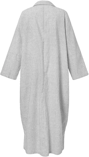 Vista 3 de chouyatou Vestido largo casual de manga larga con botones y rayas sueltas de algodón para mujer