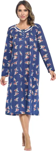 Vista 17 de Casual Nights Vestido de dormir floral de manga larga para mujer, camisón Henley de longitud completa Baya(Berry floral)