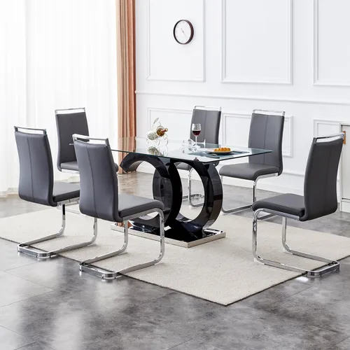 Vista 20 de Juego de mesa de comedor de 63 pulgadas para 4, moderno juego de mesa de comedor de vidrio templado para 4, para el hogar, cocina, sala de estar