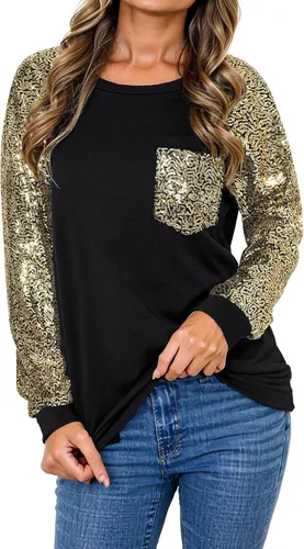 Vista 2 de Ezcosplay Blusa de lentejuelas brillantes para mujer, manga raglán larga, con purpurina, para fiesta, club, para fiesta