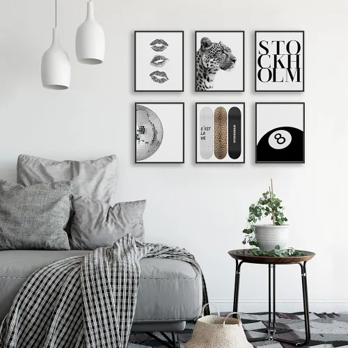 Vista 6 de 6 pósteres de lienzo blanco y negro para pared, diseño de bola de discoteca de guepardo de la suerte de 8 bolas, diseño de leopardo funky